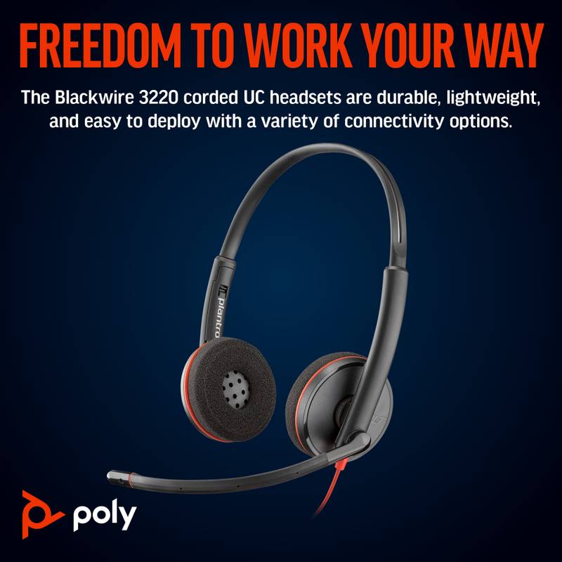 HP Poly Blackwire 3220 Stereo USB-C Headset +USB-C/A Adapter